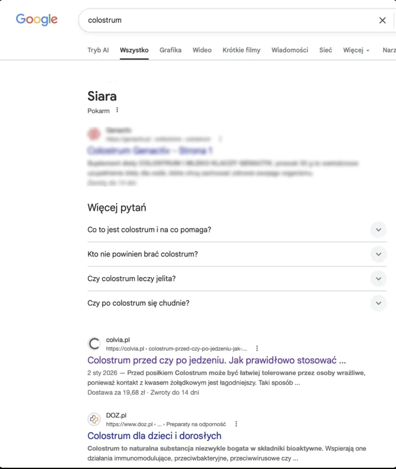 Wyniki Google dla frazy colostrum — colvia.pl w ścisłej czołówce