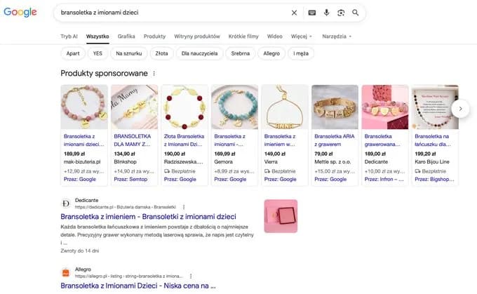 Wyniki Google dla frazy bransoletka z imionami dzieci — dedicante.pl na pozycji 1