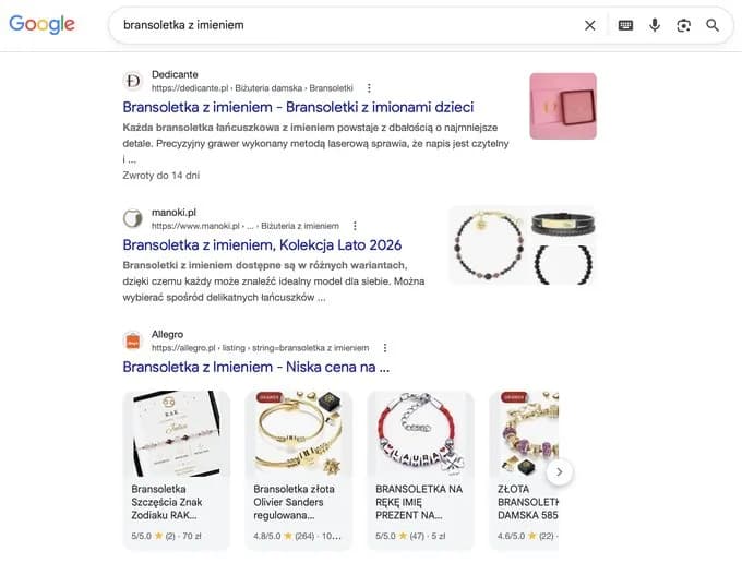 Wyniki Google dla frazy bransoletka z imieniem — dedicante.pl na pozycji 1