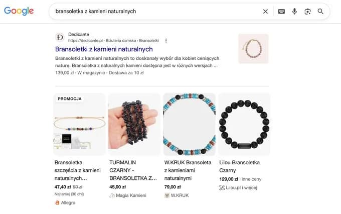 Wyniki Google dla frazy bransoletka z kamieni naturalnych — dedicante.pl na pozycji 4