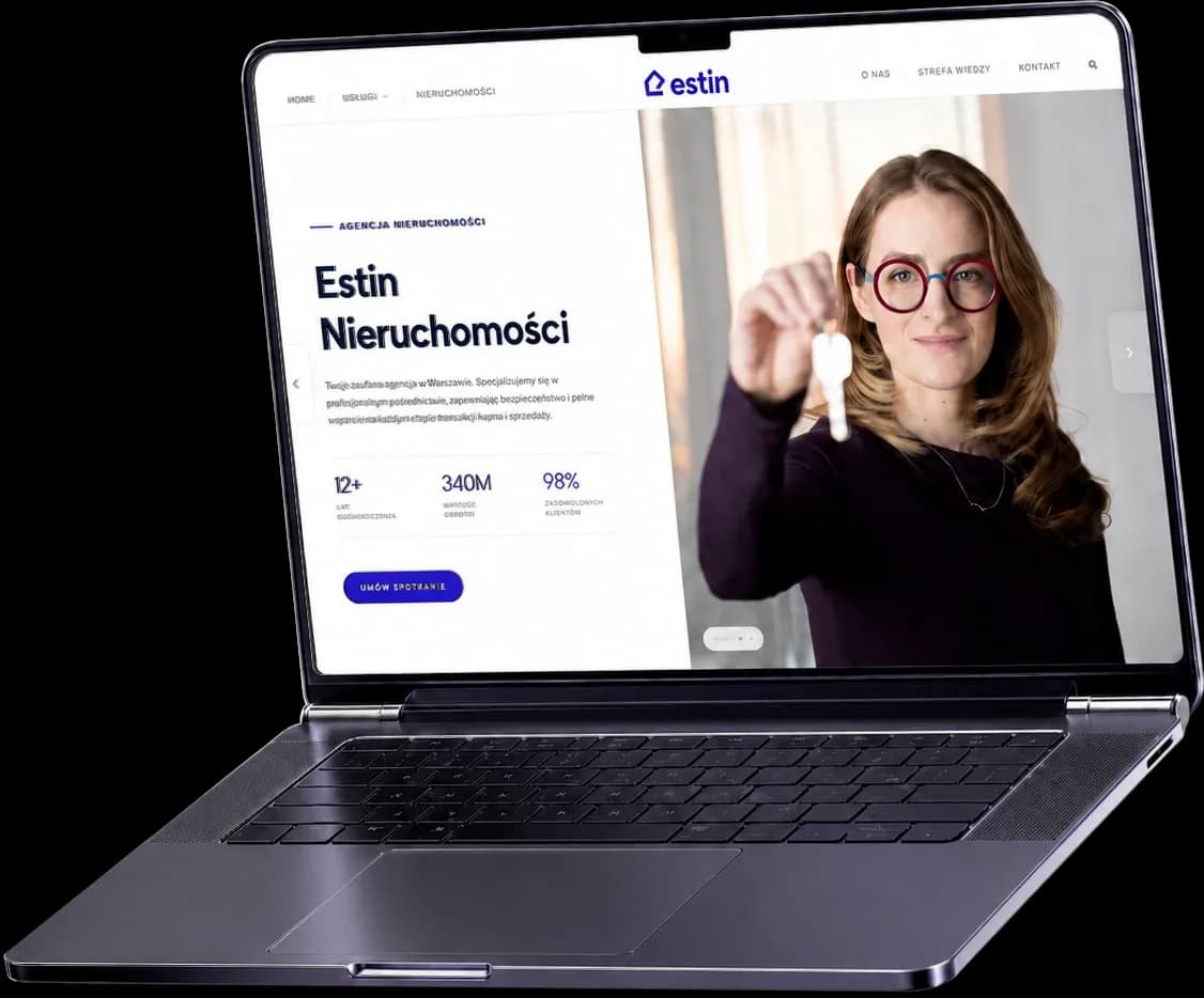 Laptop z otwartą stroną estin.pl — realizacja Hermer